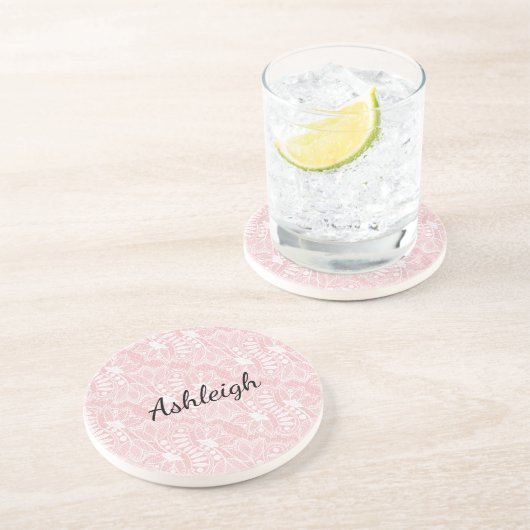 Dessous De Verre En Grès Dentelle florale rose (Côté)