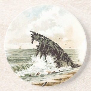 Dessous De Verre En Grès Dessin vintage : Naufrage sur la plage