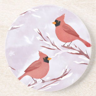 Dessous De Verre En Grès Deux cardinaux rouges   Peinture à l'aquarelle