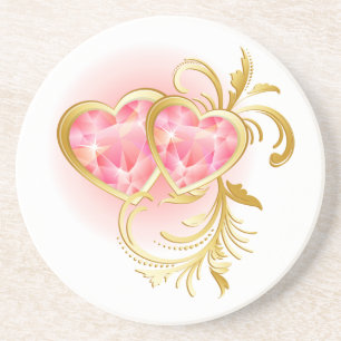 Dessous De Verre En Grès Deux Coeurs Joints Rose