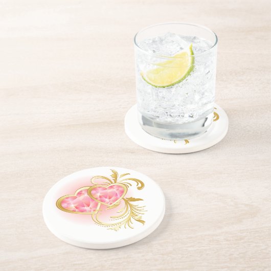 Dessous De Verre En Grès Deux Coeurs Joints Rose (Côté)