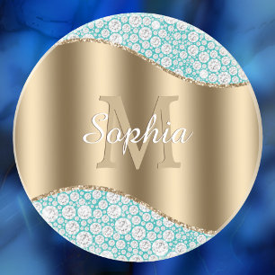 Dessous De Verre En Grès Diamants Glam sur sarcelle, monogramme doré, nom e