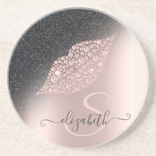 Dessous De Verre En Grès Diamants Lèvres Paillettes Ombre Rose Or