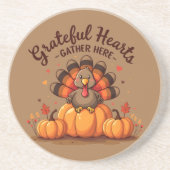 Dessous De Verre En Grès Dinde de Thanksgiving à Cœurs Reconnaissants (Devant)