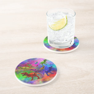 Dessous De Verre En Grès Dinosaures colorés sur Pastel Arrière - plan