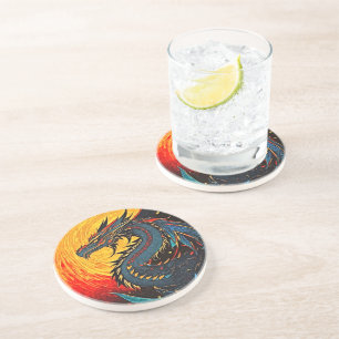 Dessous De Verre En Grès Dragon mythique au Coaster du coucher de soleil br