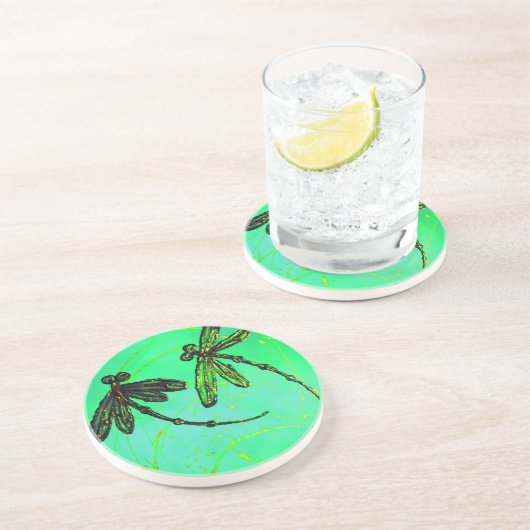 Dessous De Verre En Grès Dragonflies Superbe Vert & Turquoise Twist (Côté)