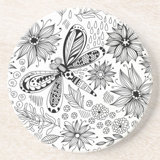 Dessous De Verre En Grès Dragonfly et doodle de fleurs (Devant)