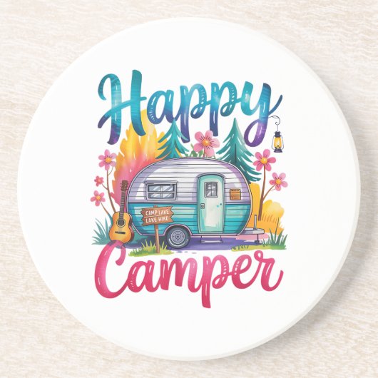 Dessous De Verre En Grès Drôle Happy Camper Équipement de Camping Remorque (Devant)