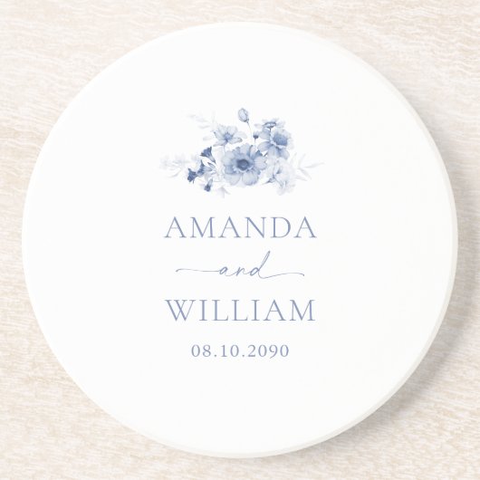 Dessous De Verre En Grès Dusty Blue Floral Mariage (Devant)