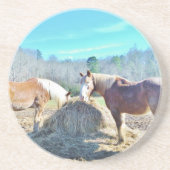 Dessous De Verre En Grès Ébauche secourue Chevaux mangeant foin (Devant)