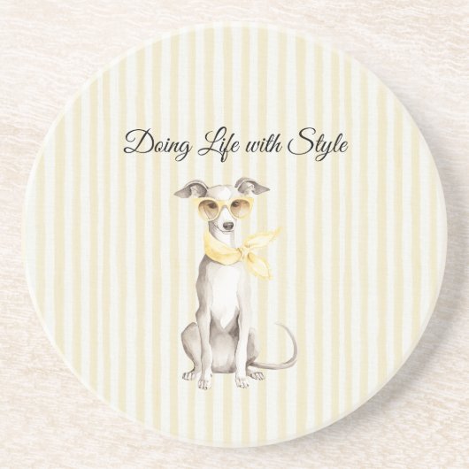 Dessous De Verre En Grès Écharpe Jaune Clair Rayures Chien Blanc (Devant)