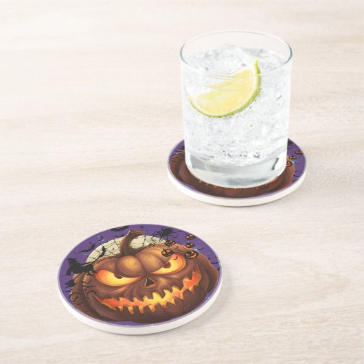 Dessous De Verre En Grès Éffrayant Halloween Citrouille Sandstone Drink Des (Côté)