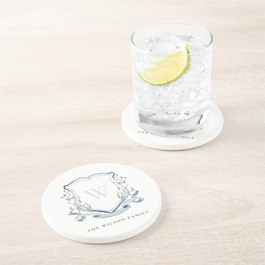 Dessous De Verre En Grès Elégant bleu Fleur sauvage Aquarelle Monogram Cres (Côté)