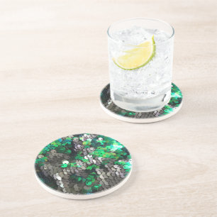 Dessous De Verre En Grès Élégant brillant vert gris gris paillettes de disq