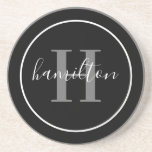 Dessous De Verre En Grès Élégant gris noir rond Monogramme personnalisé ini<br><div class="desc">Elégante ronde personnalisée boisson design dessous de verre dispose d'un classique serif monogramme personnalisé initial en gris étain avec votre nom de famille / nom de famille dans le script moderne de calligraphie blanche contre un arrière - plan noir. Un simple cercle blanc encadre le design. Le jeu de couleurs...</div>