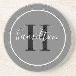Dessous De Verre En Grès Élégant gris noir rond Monogramme personnalisé ini<br><div class="desc">Élégant modèle de dessous de verre de boisson personnalisée ronde avec un monogramme de serif classique personnalisé en noir avec votre nom de famille / nom dans script de calligraphie blanc moderne contre un arrière - plan gris d'étain foncé. Un simple cercle blanc encadre le design. Le jeu de couleurs...</div>