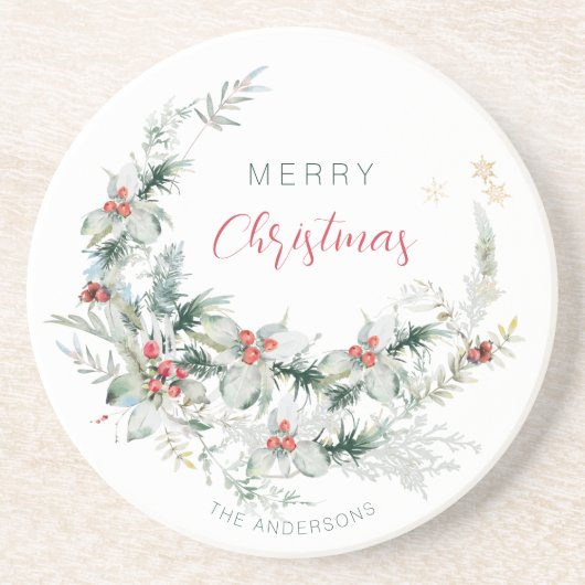 Dessous De Verre En Grès Elégant Joyeux Noël demi-couronne d'aquarelle caca (Devant)