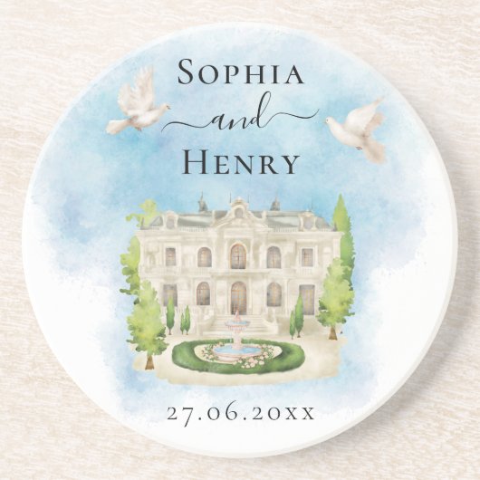 Dessous De Verre En Grès Élégant lieu | fleurs colombes Mariage Luxe (Devant)