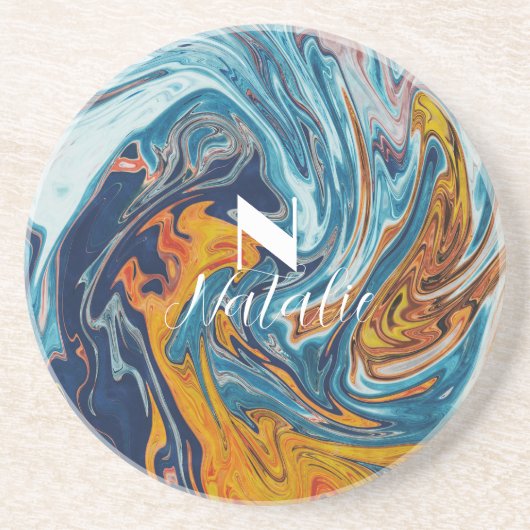 Dessous De Verre En Grès Elegant Luxury Blue Gold Monogram       (Devant)