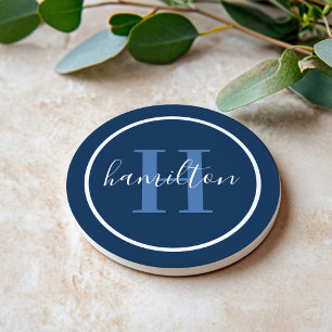 Dessous De Verre En Grès Élégant Marine Bleu Tour Personnalisé Monogramm