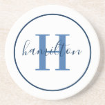 Dessous De Verre En Grès Élégant Marine Bleu Tour Personnalisé Monogramme I<br><div class="desc">Elégant rond personnalisé boisson de dessous de verre design dispose d'un classique serif monogramme personnalisé initiale en bleu poussiéreux avec votre nom de famille / nom de famille dans script de calligraphie bleu marine moderne contre un arrière - plan blanc propre. Un simple cercle bleu marine encadre le design. Le...</div>