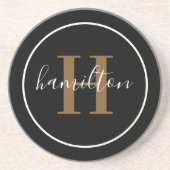 Dessous De Verre En Grès Élégant Marron Noir Rond Monogramme Foncé (Devant)