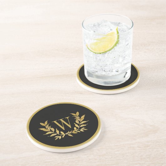 Dessous De Verre En Grès Élégant Moderne Monogramme Chic Or Noir (Côté)