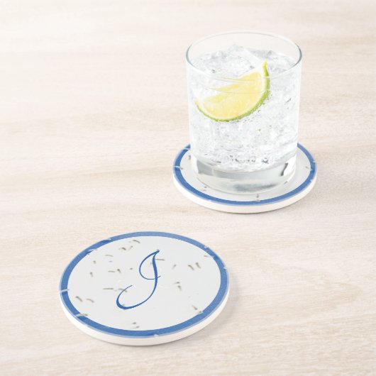 Dessous De Verre En Grès Élégant Monogramme bleu et gris (Côté)