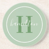 Dessous De Verre En Grès Élégant monogramme rond en vert sauge script (Devant)