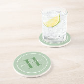 Dessous De Verre En Grès Élégant monogramme rond en vert sauge script (Côté)
