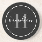 Dessous De Verre En Grès Élégant Monogramme Rond Gris Noir Foncé (Devant)
