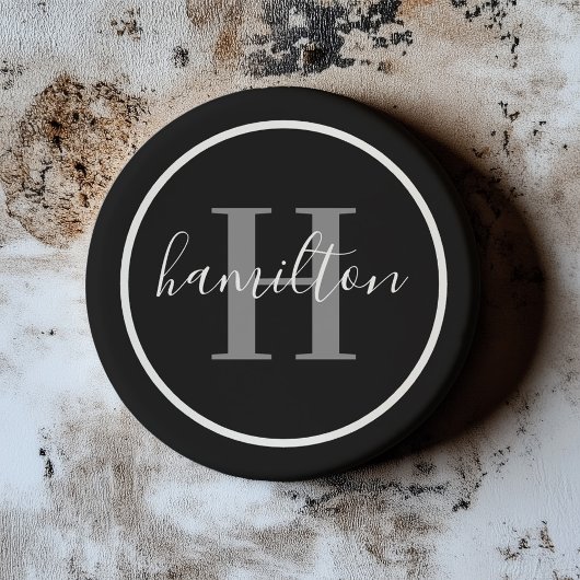 Dessous De Verre En Grès Élégant Monogramme Rond Gris Noir Foncé