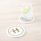 Dessous De Verre En Grès Élégant Monogramme Rond Script Laiton Noir (Côté)