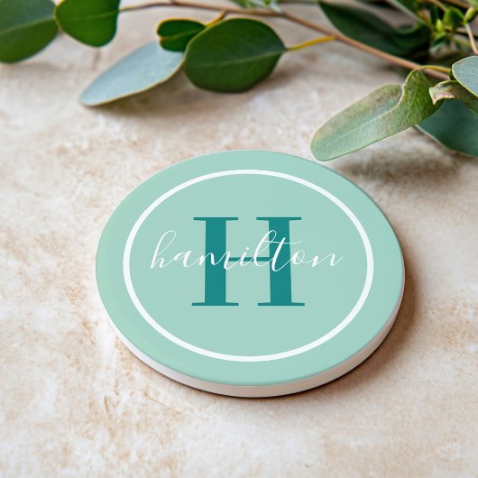 Dessous De Verre En Grès Élégant monogramme rond script vert sarcelle