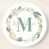 Dessous De Verre En Grès Elégant or Floral verdure Monogramme Wreath (Devant)