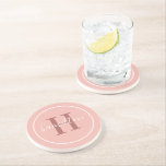 Dessous De Verre En Grès Élégant rose rond personnalisé Monogramme initial<br><div class="desc">Elégant design de dessous de verre de boisson personnalisée ronde avec un classique monogramme de serif personnalisé dans une couleur de bois de rose avec votre nom de famille dans un script de calligraphie blanc moderne contre un joli arrière - plan rose/rose couleur or. Un simple cercle blanc encadre le...</div>