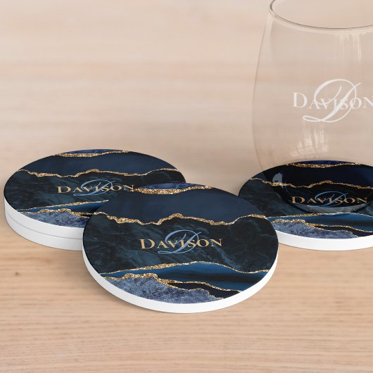 Dessous De Verre En Grès Élégant Stylish Navy Blue Gold Agate Monogramme