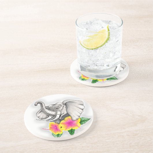 Dessous De Verre En Grès Eléphant avec Hibiscus Design (Côté)