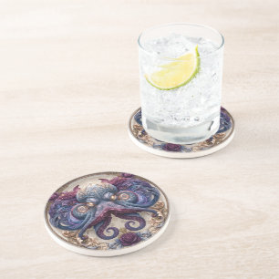 Dessous De Verre En Grès Emblème de pieuvre Steampunk avec roses violettes