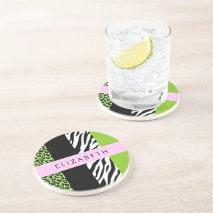 Dessous De Verre En Grès Empreinte de léopard, Zebra Print, Vert, Votre nom