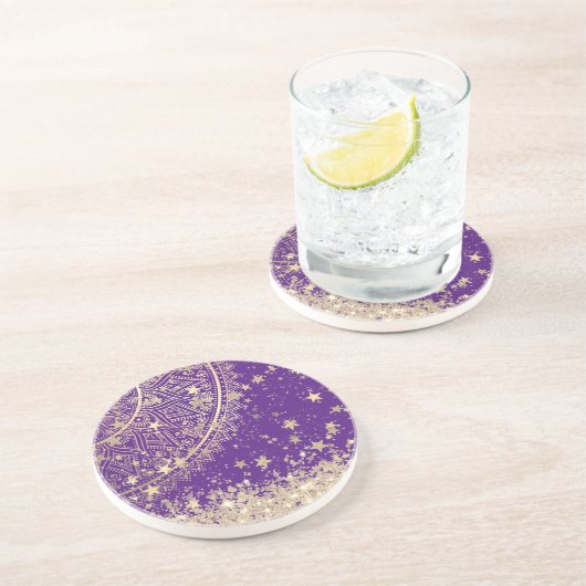 Dessous De Verre En Grès Enchanter Mandala avec des étoiles d'or sur violet (Côté)