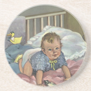 Dessous De Verre En Grès Enfant Vintage, Bébé Mignon Jouant dans un Lit, He