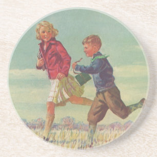 Dessous De Verre En Grès Enfants vintage courant à l'école portant des livr