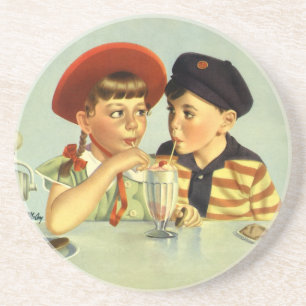 Dessous De Verre En Grès Enfants vintage, garçon et fille partageant un sha