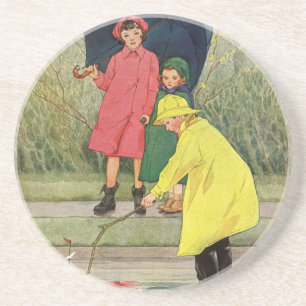 Dessous De Verre En Grès Enfants vintage jouant avec des bateaux jouets dan