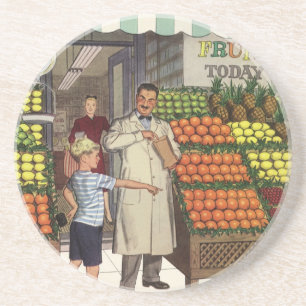 Dessous De Verre En Grès Entreprise de vintage, stand de fruits avec épicie