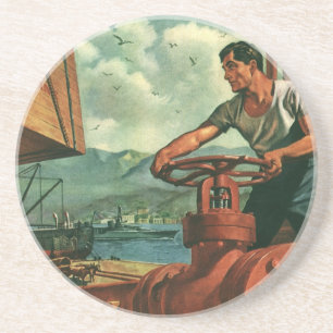 Dessous De Verre En Grès Entreprise Vintage, pétrolier avec travailleur de