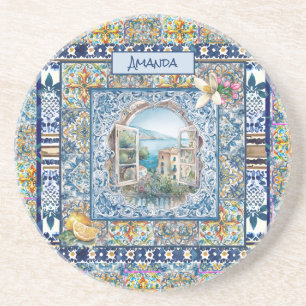 Dessous De Verre En Grès été italie carreaux bleu floral citrus monogramme