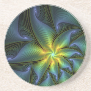 Dessous De Verre En Grès Etoile Abstraite, Bleu brillant Vert Or Fractal Ar